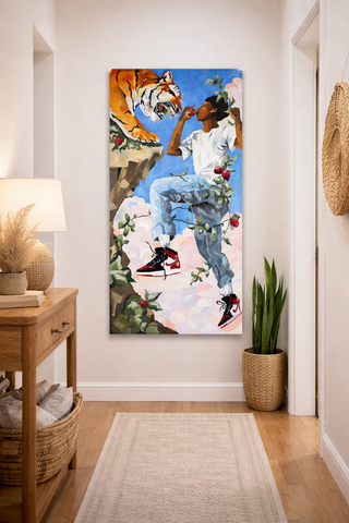 Colorful artwork of a person with a tiger on a wall in a home setting.