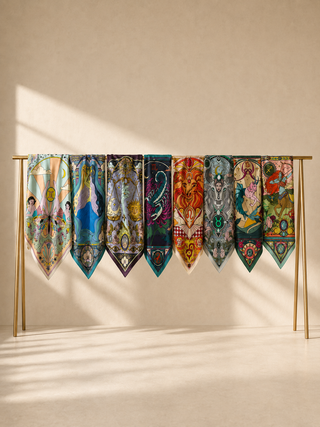 Seven colorful patterned silk scarves are displayed hanging from a gold metal rack against a warm beige wall with soft window shadows.